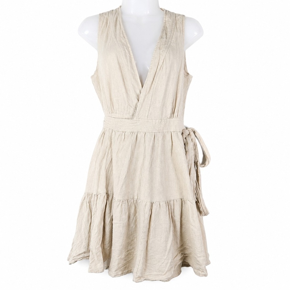 Avec Les Filles Mini Dress S Oatmeal Linen Blend Wrap Sleeveless Boho Pockets